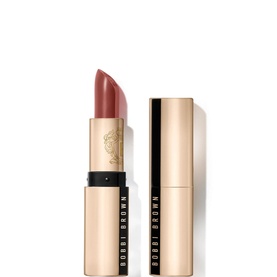 Bobbi Brown Luxe Lipstick in Burnt Rose, matte rose-nude bullet shown beside open gold case