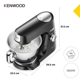 Kenwood stand mixer in black with silver accents, 1200W, 44 cupcake capacity, dimensions 31.5x39.5x22.5cm shown