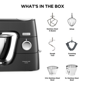 Kenwood Titanium Chef Baker stand mixer in black with attachments: K-Beater, Whisk, Dough Tool, Creaming Beater, 3.5L and 5L Stainless Steel Bowls