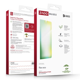 Zagg IS-Fusion ECO AM-Samsung-Fold 4 screen protector packaging, front and back views, multi-coloured iridescent design