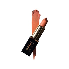 KASH BEAUTY Secret Treasure Lipstick in True Nude, bullet and swatch shown, matte nude-peach tone with gold and black packaging