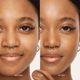 Model with Sculpted by Aimee Tint & Glow Skin Enhancer, before and after comparison showing shade 9.0 applied to medium-deep skin tone.