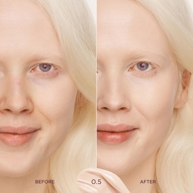 Model wearing Sculpted by Aimee Tint & Glow Skin Enhancer; before and after side-by-side showing shade 0.5 on fair skin