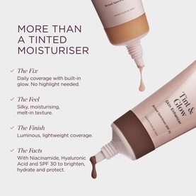 Sculpted by Aimee Tint & Glow Skin Enhancer tinted moisturiser in two shades, with product claims text overlay.
