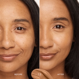 Before and after close-up showing Sculpted by Aimee Tint & Glow Skin Enhancer applied to medium-tan skin, shade 7.5, enhancing radiance and coverage.