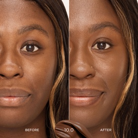 Before and after close-up showing Sculpted by Aimee Tint & Glow Skin Enhancer in shade 10.0 applied to deep skin tone, revealing a natural, glowing