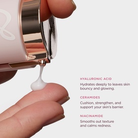 Sculpted by Aimee HydraGlo Serum dispensing white cream texture from rose gold pump, with key ingredient callouts including hyaluronic acid and