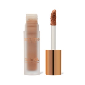 Sculpted by Aimee Satin Silk Longwear Concealer 4.5ml in warm tan shade, shown open with applicator wand beside frosted bottle and gold cap