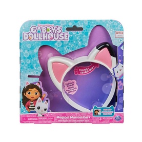 Gabbys Dollhouse Magical Musical Ears light-up cat ear headband in purple and white with sound effects, in packaging