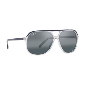 Ray-Ban Square Sunglasses RB2198 in clear and navy acetate frames with grey tinted aviator-style lenses, angled view