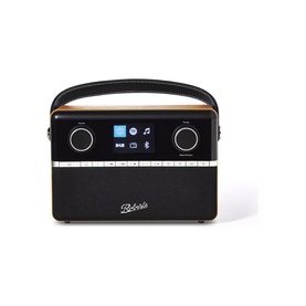 Roberts Stream 94L Wood Internet Radio in brown with black fabric casing, gold trim, carry handle, and colour display screen