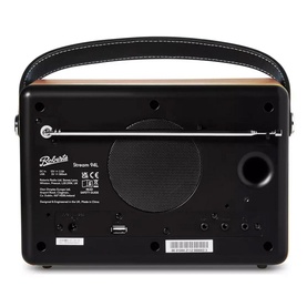 Roberts Stream 94L Wood Internet Radio in brown, rear view showing speaker grille, USB port, and leather carry handle
