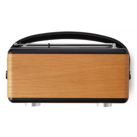 Roberts Stream 94L Wood Internet Radio in brown, featuring wood-effect panel, black top casing, and leather carry handle, rear view
