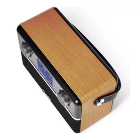 Roberts Stream 94L Wood Internet Radio in brown, angled top view showing wood-grain panel, black casing, and front display screen