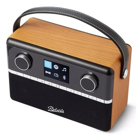 Roberts Stream 94L Wood Internet Radio in brown, with black speaker grilles, dual control knobs, digital display, and grey leather carry handle