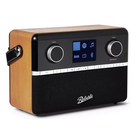 Roberts Stream 94L Wood Internet Radio in brown, featuring dual control dials, DAB display screen, and black speaker grille with leather handle