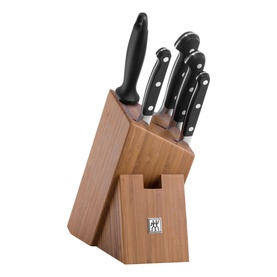 Zwilling PRO 6-pcs Natural Bamboo Knife Block Set, brown bamboo block with 5 black-handled forged steel knives