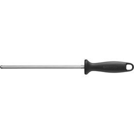 Zwilling PRO knife sharpening steel with black ergonomic handle and stainless steel rod, part of bamboo knife block set