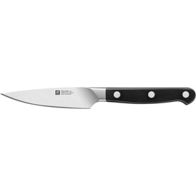 Zwilling PRO knife with black handle, silver triple-riveted detail and forged special formula steel blade on white background