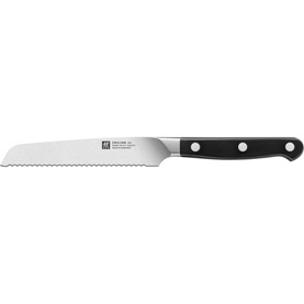 Zwilling PRO serrated utility knife with black handle and silver rivets, special formula steel blade, part of 6-pcs Bamboo Knife Block Set