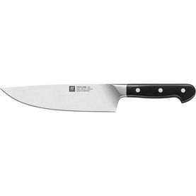 Zwilling PRO chef's knife with black handle, silver forged steel blade, three silver rivets, shown on white background