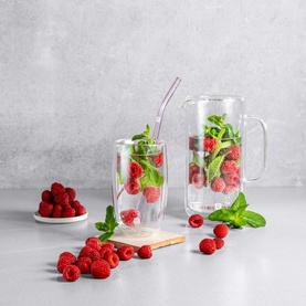 Zwilling Sorrento Two Piece Latte Glass Set 350ml in clear borosilicate glass, styled with raspberries and mint in an infused water lifestyle setting