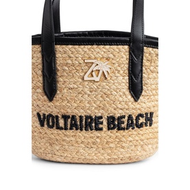 Zadig Le Baby Beach Bag Tote in natural raffia with black leather handles, gold logo hardware, and embroidered Voltaire Beach lettering