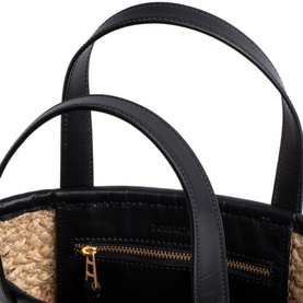 Zadig Le Baby Beach Bag Tote in black raffia and leather, close-up of dual top handles and gold-tone zip detail