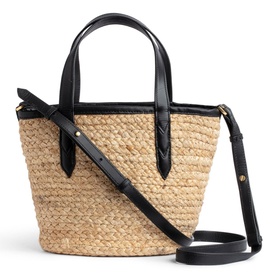 Zadig Le Baby Beach Bag Tote in natural raffia with black leather handles, gold logo hardware, and detachable black crossbody strap