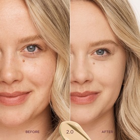 Before and after split showing Sculpted by Aimee Second Skin Matte Foundation in Matte Porcelain, shade 2.0, on fair skin