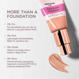 Sculpted by Aimee Second Skin Matte Foundation in Matte Porcelain, tube with product swatch and key benefits text