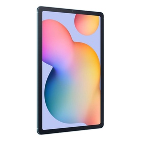 Samsung Galaxy Tab S6 Lite WiFi 32GB in blue, angled view showing slim profile and vibrant display with colourful abstract wallpaper