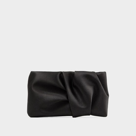 Jimmy Choo Bonny Satin Clutch in black with gathered fold detail, zip fastening, and silver-tone hardware
