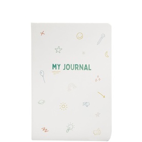 The Head Plan Kids Journal, white A5 notebook cover with colourful star, sun and doodle illustrations and green MY JOURNAL text