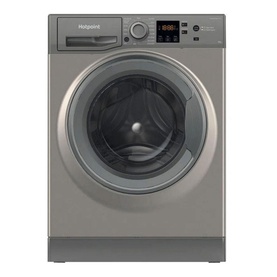 Hotpoint 8kg Freestanding Washing Machine in graphite grey, front-loading with dark porthole door and digital control panel