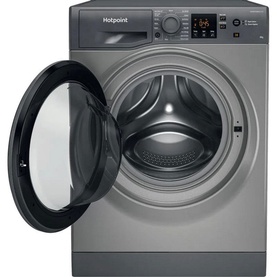 Hotpoint 8kg Freestanding Washing Machine in graphite grey, front-loading with open door, digital control panel, angled product view