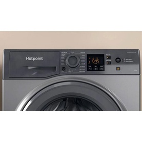 Hotpoint 8kg Freestanding Washing Machine in graphite grey, close-up of digital control panel with dial and display