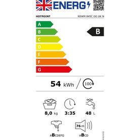 Hotpoint 8kg Freestanding Washing Machine EU energy label, rated B, 54 kWh, 8kg capacity, 3:35 cycle time, 48L water use