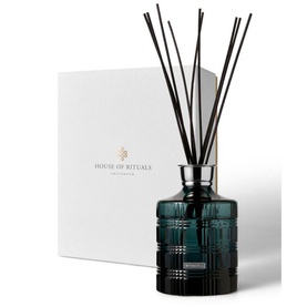 Rituals Round Bottle Petrol blue textured glass reed diffuser with black sticks, shown with white gift box