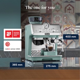 Delonghi La Specialista Arte Coffee Machine in green, shown with dimensions: 365mm wide, 275mm deep, 400mm tall.
