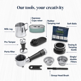DeLonghi La Specialista Arte accessories flatlay including porta filter, pro tamper, milk jug, tamping mat, filters, and group head brush.