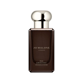 Jo Malone Oud & Bergamot Cologne Intense, dark brown rectangular glass bottle with silver cap