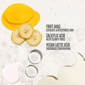 Sol De Janeiro Bom Dia Bright Body Wash key ingredients: fruit AHAs, salicylic acid, and vegan lactic acid with mango and banana visuals.