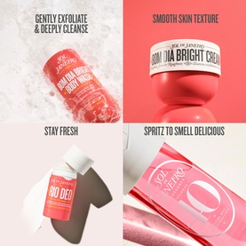 Sol De Janeiro Bom Dia Bright Body Wash, Cream, Bio Deo and fragrance mist shown in four-panel flatlay with coral and pink tones