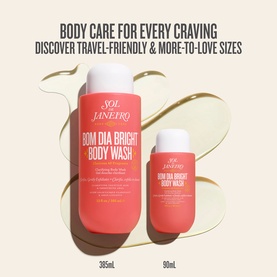 Sol De Janeiro Bom Dia Bright Body Wash in two sizes: 385ml and 90ml travel-size bottles in coral pink packaging