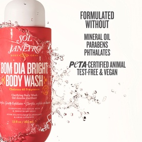 Sol De Janeiro Bom Dia Bright Body Wash bottle with formulation claims: mineral oil, paraben and phthalate free, PETA-certified vegan.