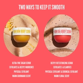 Sol De Janeiro Dom Dia Bright Body Scrub and Bum Bum Body Scrub shown side by side in pink lidded jars with product benefit text