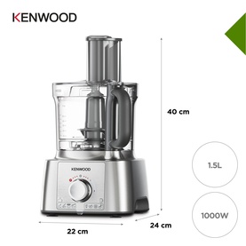 Kenwood Food Processor in stainless steel, 1000W, 1.5L capacity, 22x24x40cm, with transparent bowl and dial controls.