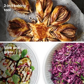 Kenwood Food Processor in use: golden star-shaped pastry bake, grilled vegetables, and shredded red cabbage slaw