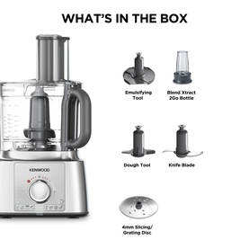 Kenwood Food Processor in silver with accessories: emulsifying tool, Blend Xtract bottle, dough tool, knife blade, and grating disc shown